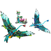 Two colorful Banshee figures soar above a rocky structure with greenery and pink plants, showcasing LEGO® Avatar themes.